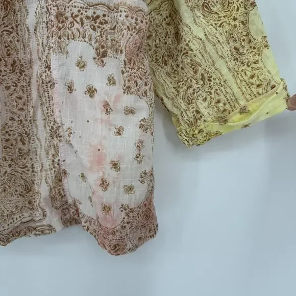 Pilcro Anthropologie Blouse Womens Medium Yellow Pink Boho Peasant Long Sleeve - Picture 3 of 9